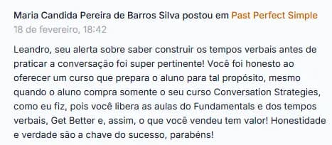 Depoimento de Maria C. sobre os cursos de Leandro Craig